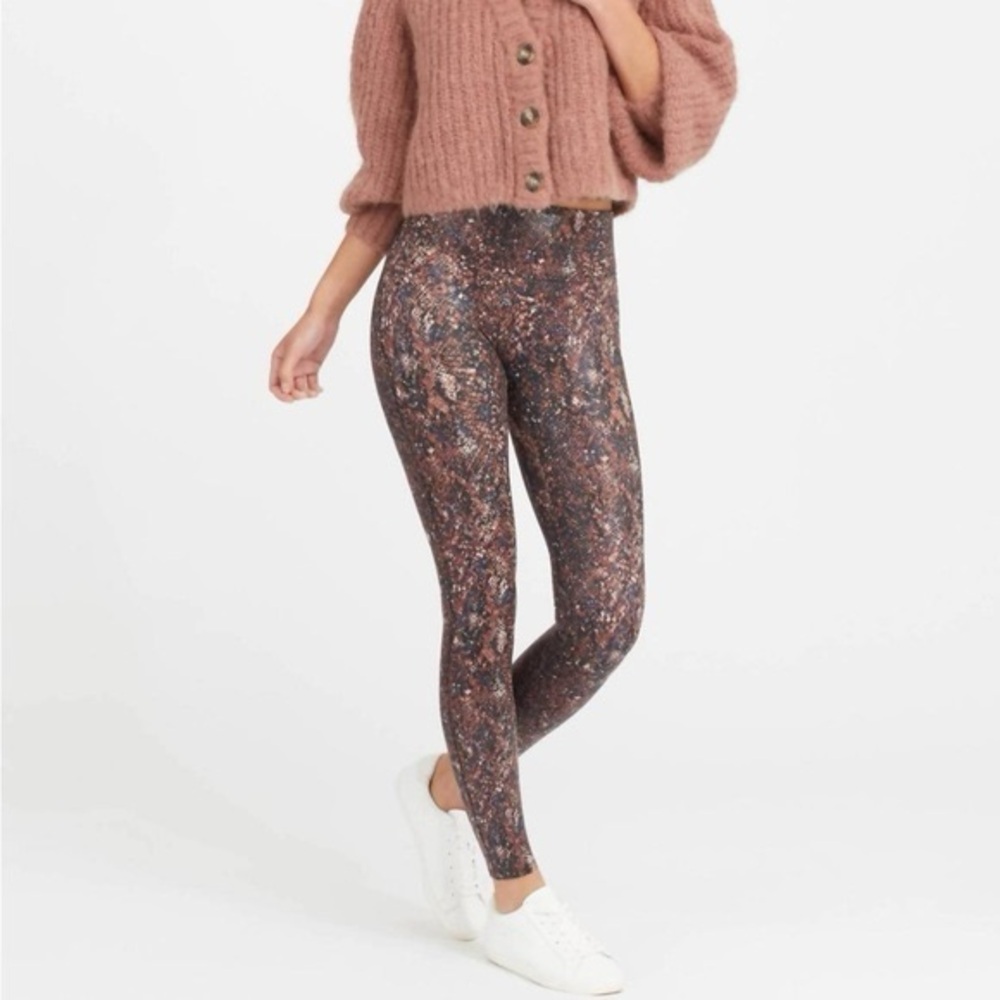SPANX‎ XL Faux Leather Mocha Snake Print High Waist Casual Leggings Black Brown